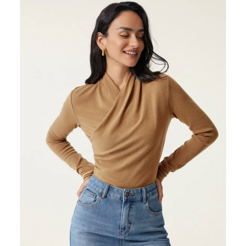 OGL Top Size S NEW Cinnamon Buff Camel Tan Surplice Long Sleeve Top V Neck